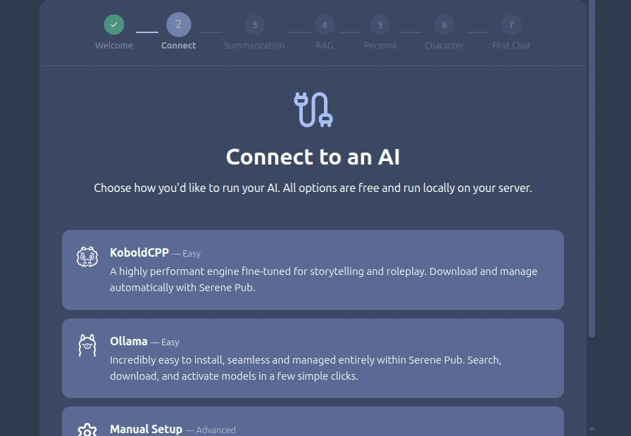 Step two of the Serene Pub setup wizard: “Connect to an AI”, offering KoboldCPP and Ollama as one-click Easy options alongside a manual advanced setup
