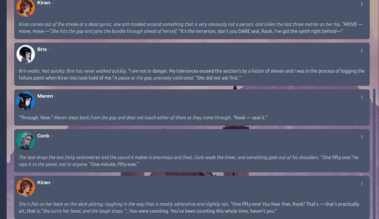 A Serene Pub adventure in progress, with a custom background image behind the conversation — Kiran, Brix, Maren and Corb responding to a crisis aboard Seraphis Station