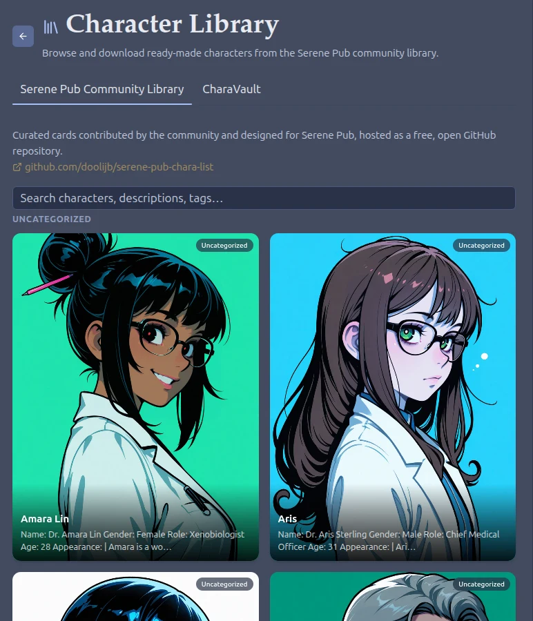 The Serene Pub character library browser, showing illustrated community character cards with a tab for CharaVault alongside