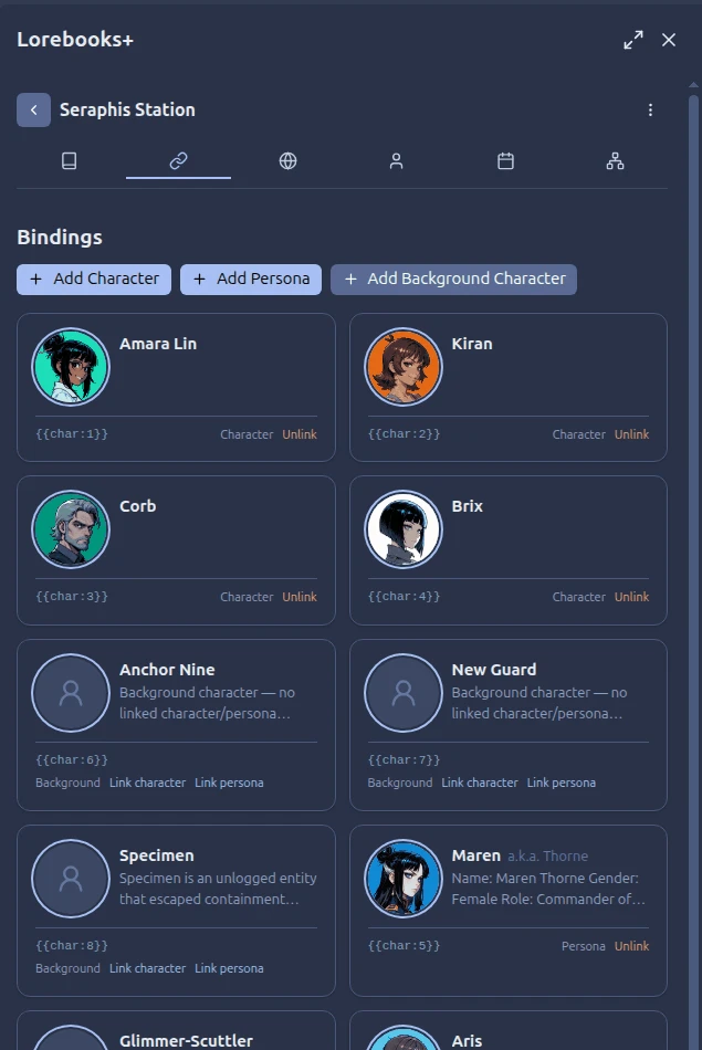 The Lorebooks+ bindings panel, mapping cast members to {{char:1}} and {{char:2}} tokens