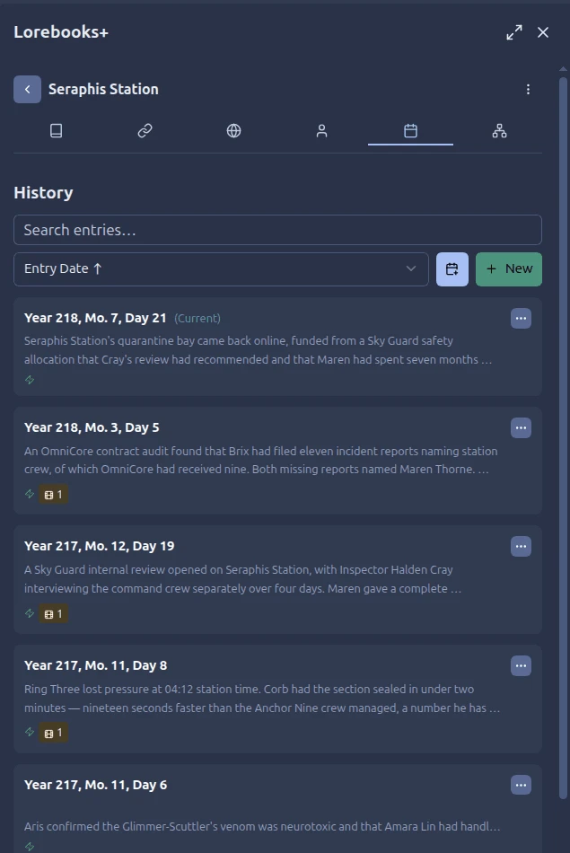 The Lorebooks+ history panel, showing dated in-world events with the current date marked