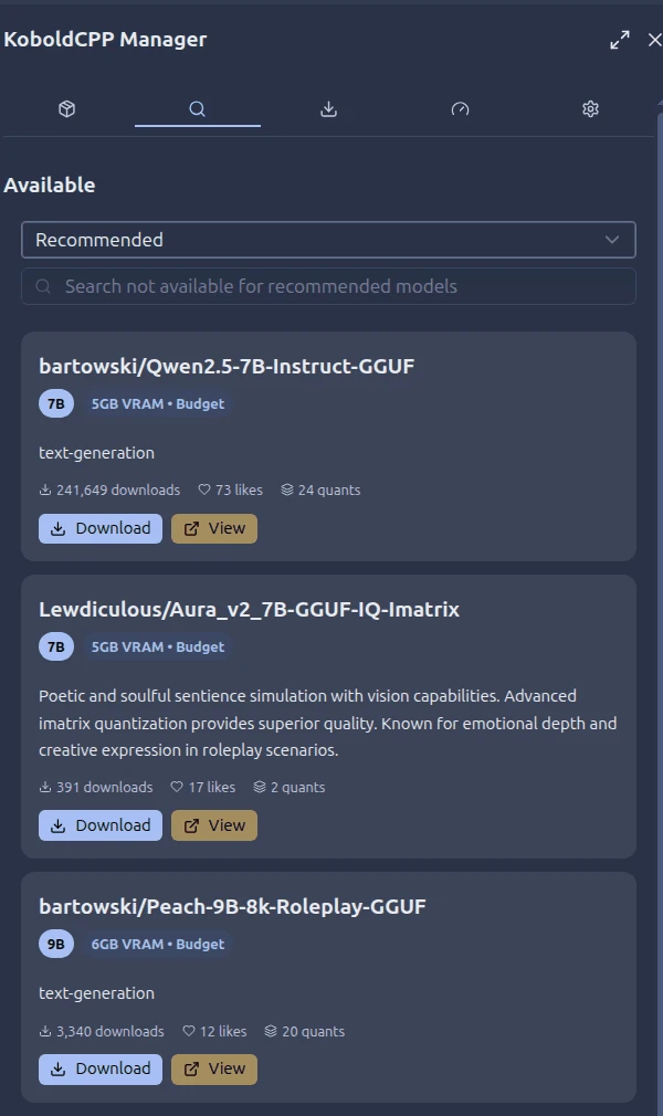 The KoboldCPP Manager model browser: recommended GGUF models each tagged with a VRAM tier such as “5GB VRAM · Budget” and “8GB VRAM · Mainstream”