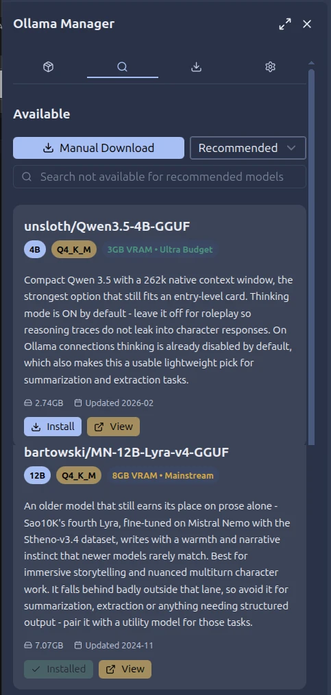 The Ollama Manager's recommended-models list: GGUF models each tagged with a VRAM tier such as “3GB VRAM · Ultra Budget” and “8GB VRAM · Mainstream”, with a short writeup of what each is good at