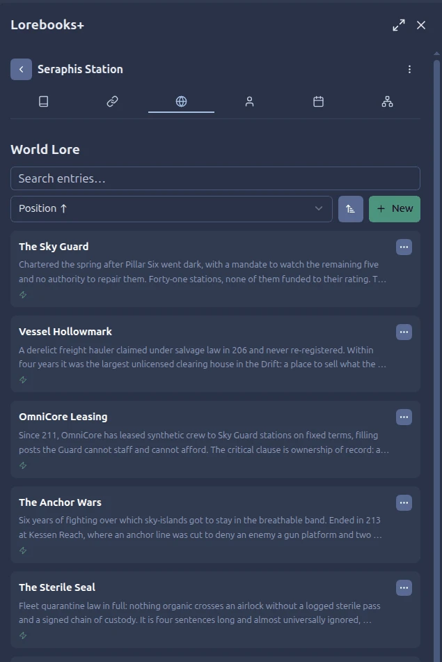The Lorebooks+ world lore panel, listing entries such as "The Pillars of Breath"