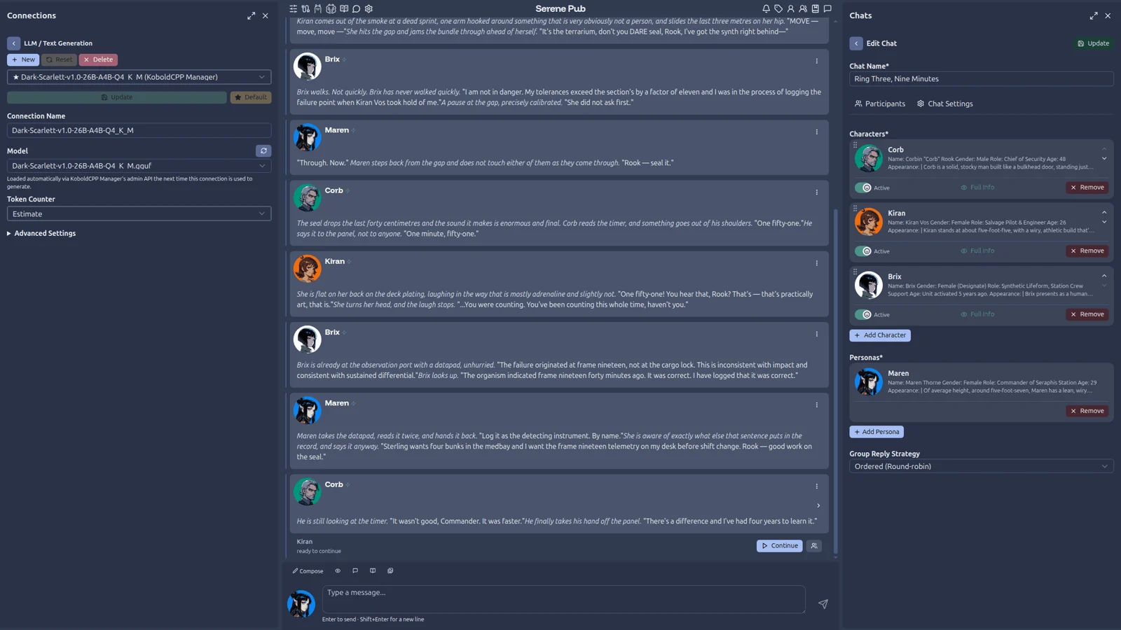 The Serene Pub chat editor: characters Corb, Kiran and Brix each with an Active toggle and Full Info control, the persona Maren, and a Group Reply Strategy selector